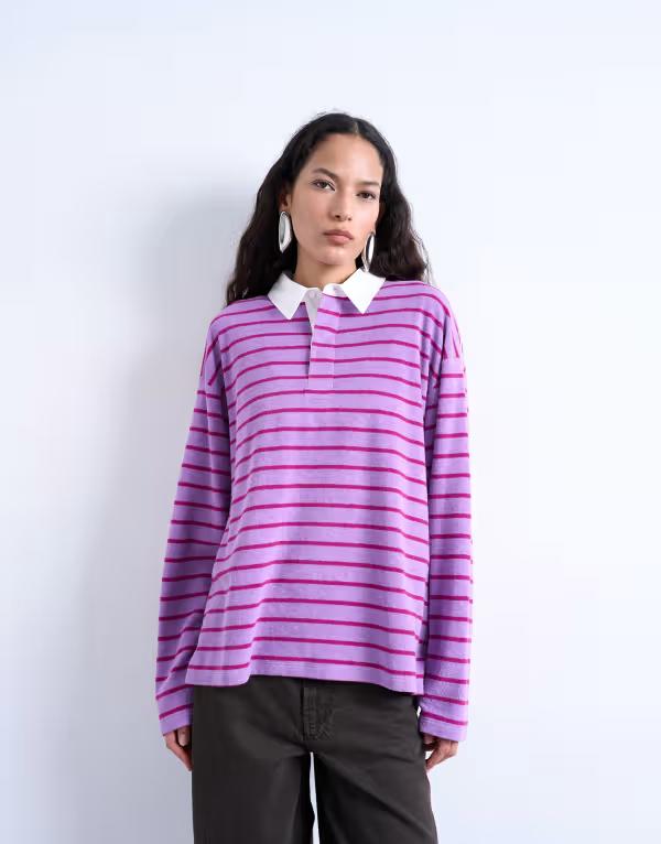 トップショップ レディース トップス ポロシャツ パイル Topshop terrycloth striped oversized long sleeve polo shirt PINK ピンク