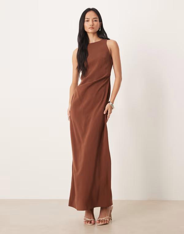 エイソス レディース トップス 衣装 マキシ ASOS DESIGN racer cupro tuck detail maxi dress インチ chocolate 黒茶