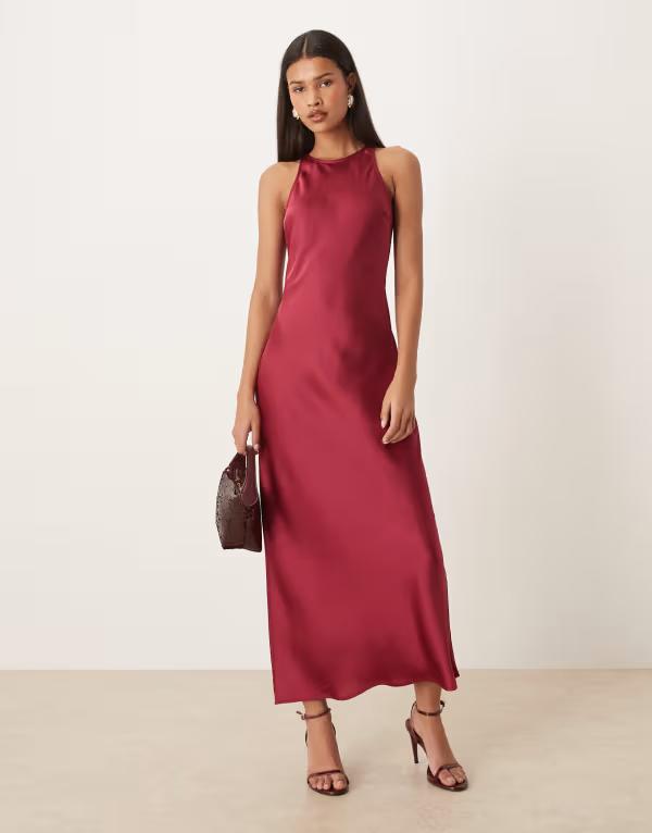 離宮 レディース トップス 衣装 繻子 マキシ VILA racer satin maxi dress Anemone バーガンディ