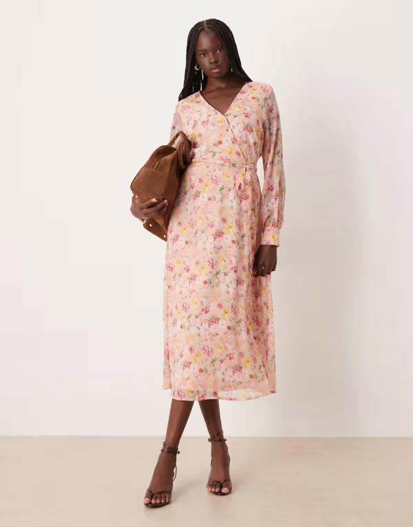離宮 レディース トップス 衣装 V素っ首 御花柄 midi 御花 VILA long sleeve V-neck MIDI dress インチ soft floral Misty Rose Flower