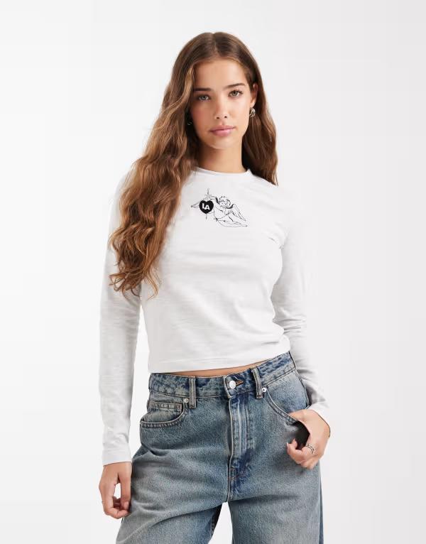 デイジーストリート レディース トップス シャツ グラフィック Daisy Street long sleeve baby tee with angel graphic in heather Gray Marle グレー|ReVida 店