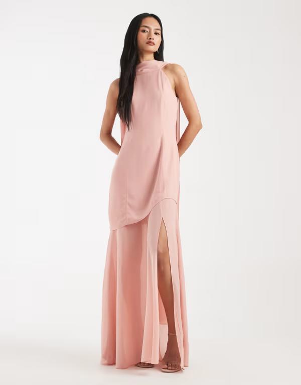 ティエフエヌシー レディース トップス ワンピース シアースカート シフォン シアー スカート マキシ ホルター TFNC Bridesmaid Livana chiffon halterneck scarf detail maxi dress with sheer skirt PINK ピンク