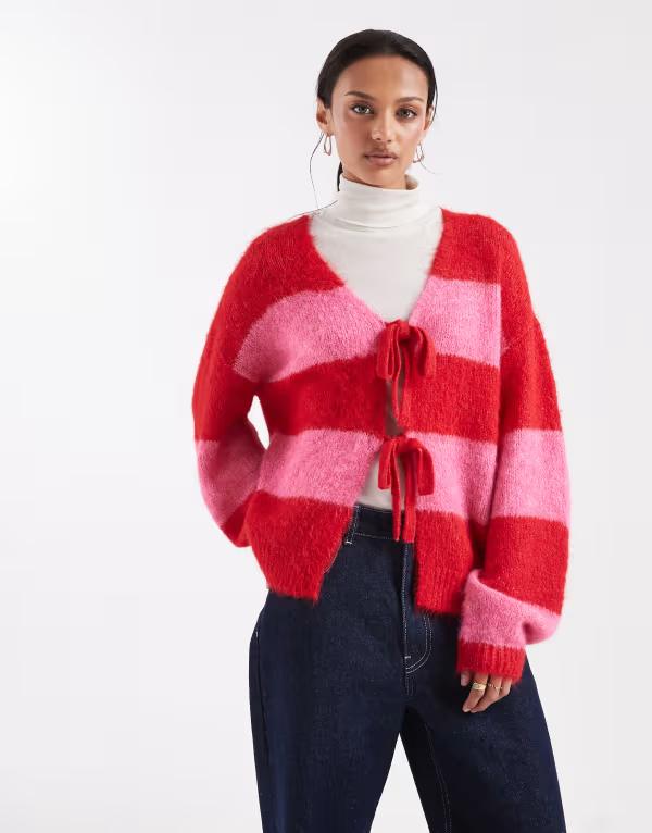 ピーシーズ レディース アウター カーディガン ニット Pieces tie front knit cardigand pink stripesavvy Red Wild レッド