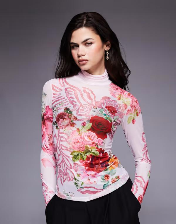 エーエフアールエム レディース トップス シャツ タートルネック フラワー柄 プリント メッシュ フラワー AFRM Zadie mesh turtle neck top floral print Pink multi ピンク