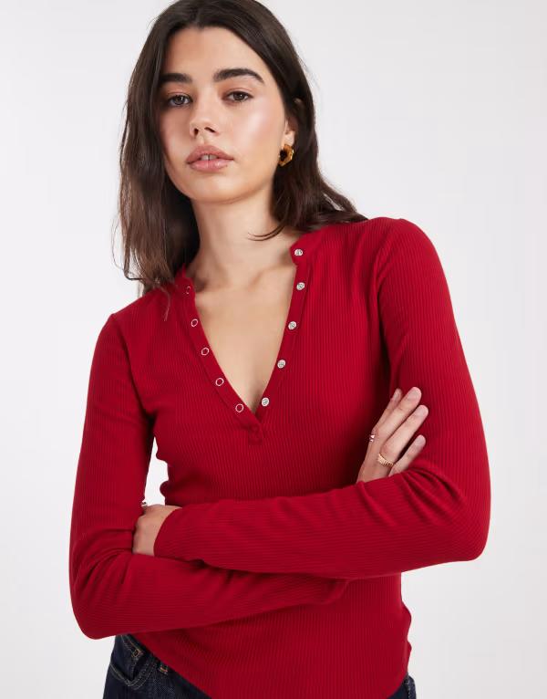 コットンオン レディース トップス シャツ Cotton henley long sleeve top in jewel RED レッド