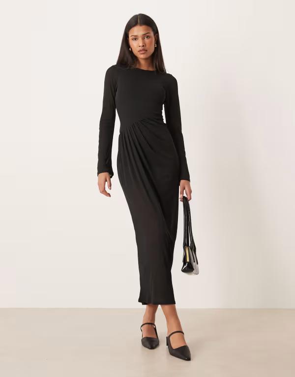 エイソス レディース トップス 衣装 ドレープ スコート マキシ ASOS DESIGN long sleeve dropped waist draped skirt maxi dress Black 黒いこと