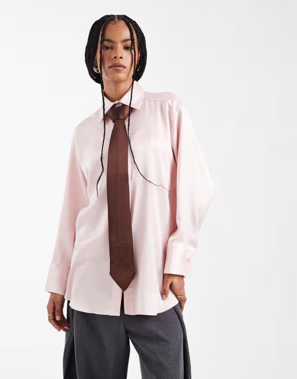 エイソス レディース トップス シャツ サテン コントラスト ASOS DESIGN satin cinch oversized shirt with contrastie pink ピンク
