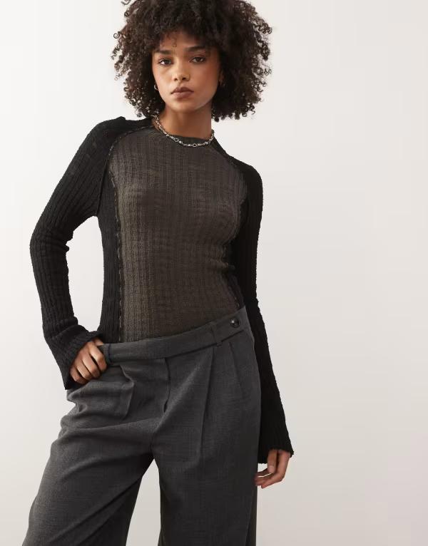 ウィークデイ レディース アウター パーカー・スウェット セミシアー ニット Weekday semi sheer knit long sleeve top & Black/gray ブラック