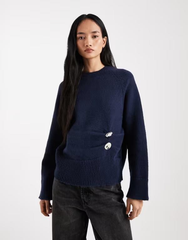 エイソス レディース アウター 編み物・プルオーバー ASOS DESIGN fluffy knit sweater with metal hardware NAVY 米国海軍 レディースファッション-ニット・セーター-セーター