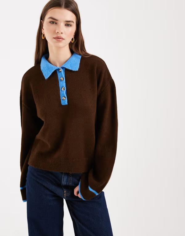 エイソス レディース アウター ニット・セーター コントラスト ASOS DESIGN knit contrast collarugby sweater Brown ブラウン