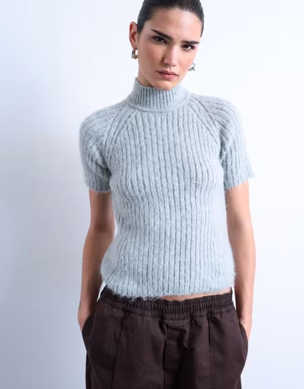 とっ始め販売店 レディース アウター 編み物・プルオーバー リブニット ティーシャツ Topshop rib knit short sleeve t-shirt インチ light Gray 薄墨色 ニット・セーター-セーター