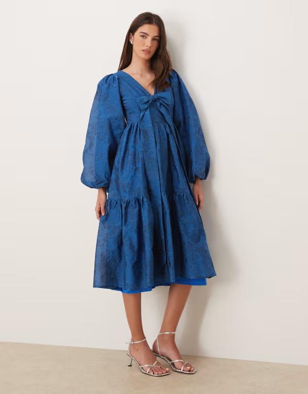 シスタージュン レディース トップス ワンピース Vネック バルーンスリーブ ミディ Sister Jane Sunrisexclusive jacquard balloon sleeve v-neck bow detail midi dress BLUE ブルー 34,320円