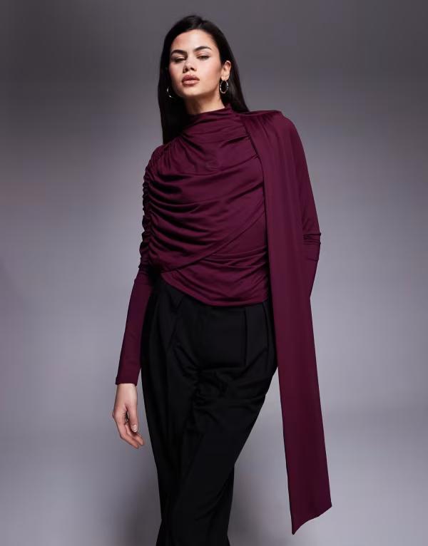 エイソス レディース トップス シャツ ドレープ ASOS DESIGN long sleeve top with drape over scarf in plum プラム
