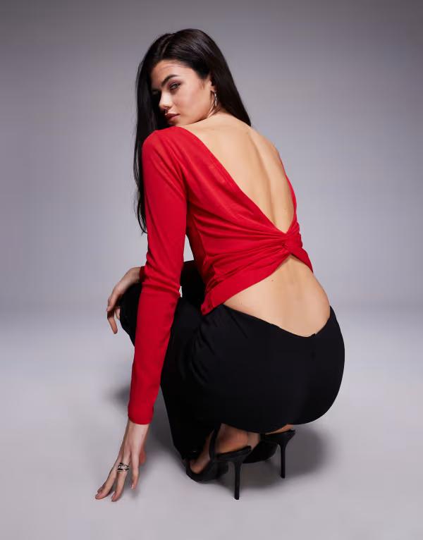エイソス レディース トップス シャツ セミシアー オープンバック シアー ASOS DESIGN semi sheer twist open back long sleeve top Red レッド