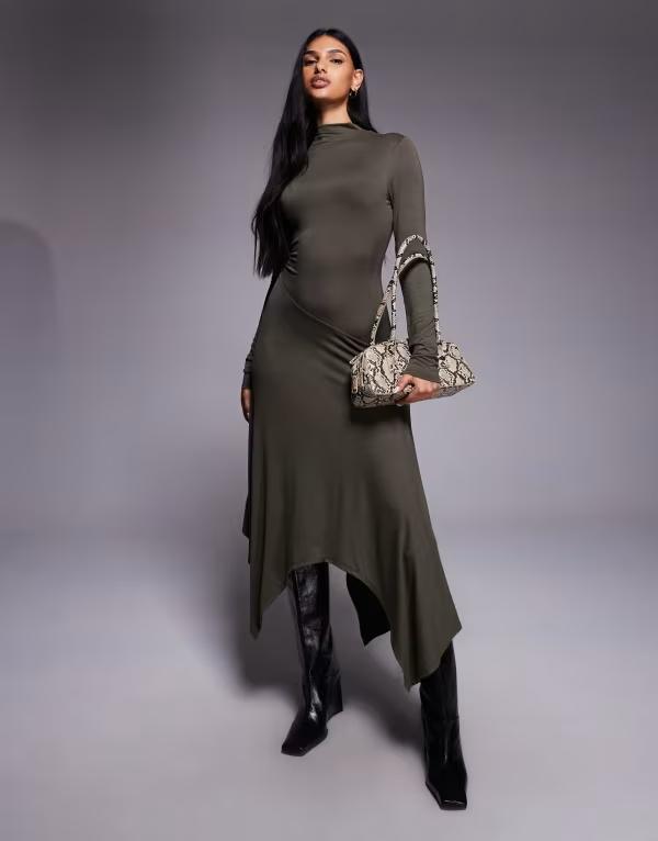 エイソス レディース トップス ワンピースタンドネック ミディ ASOS DESIGN funnel neck hanky hemidi dress Khaki カーキ