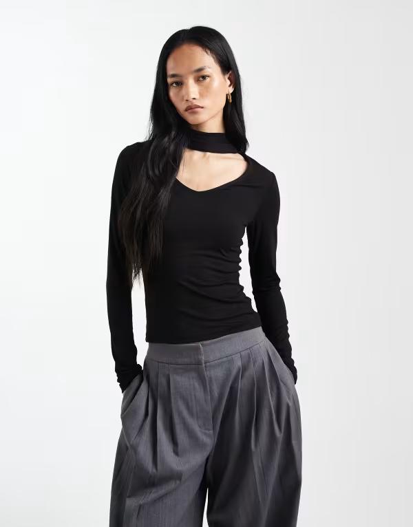 エイソス レディース トップス プルオーバー ASOS DESIGN long sleeve with scarf detail top Black 黒いこと
