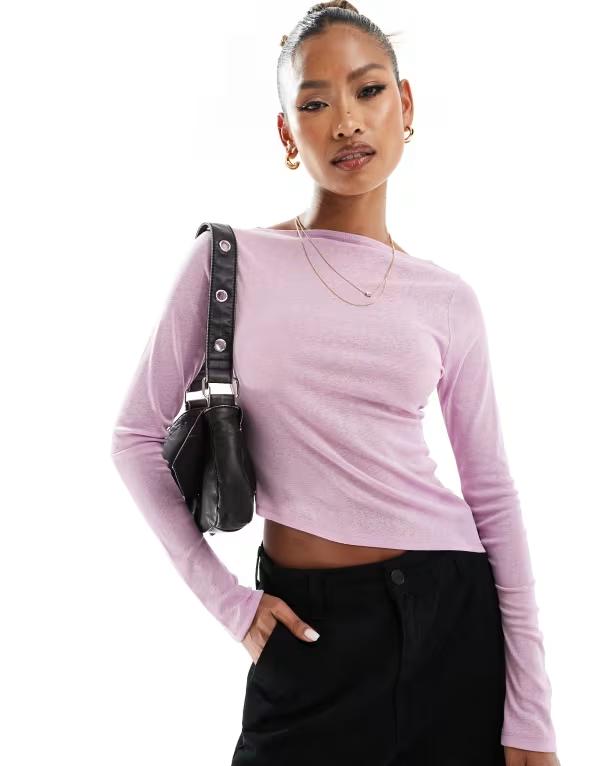 エイソス レディース トップス シャツ アシンメトリー シアー ASOS DESIGN sheer long sleeve top with asymmetric hem Pink ピンク