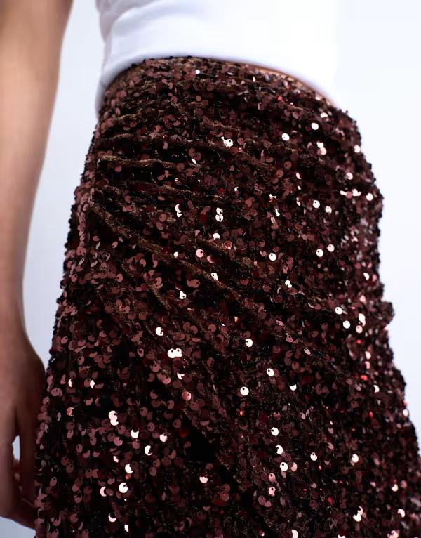 トップショップ レディース ボトムスカート ドレープ ミニ ベルベット スパンコール Topshop velvet sequin drape mini skirt in chocolate チョコレート