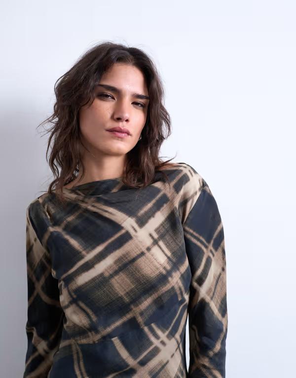 いの一番販売店 レディース トップス 貯蔵タンクいの一番リント Topshop long sleeve top インチ plaid print Check print 読み合わせる レディースファッション-トップス-タンクトップ