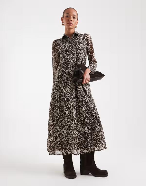 ウェンズデーガール レディース トップス ワンピース ティアード Wednesday's Girl smudge leopard tiered midaxi dress BROWN ブラウン｜ReVida 店