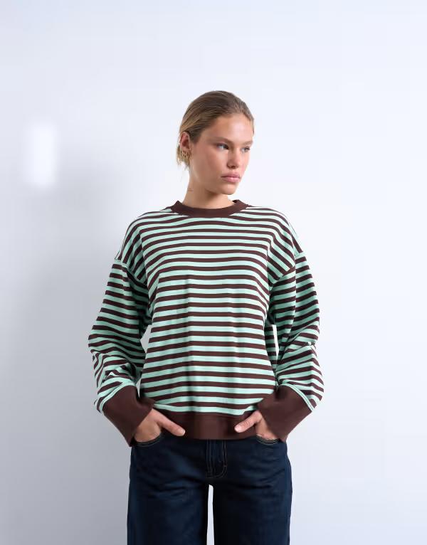 トップショップ レディース アウター パーカー・スウェット Topshop stripe oversizedeep cuff sweat in mint and chocolate Mint and chocolate ミント