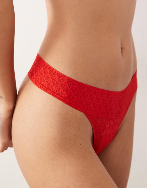 カルバンクライン レディース アンダー御召しもの ブリーフズボン下 スピード競技 ロゴタイプ Calvin Klein Logo Lace thong RED 赤いこと