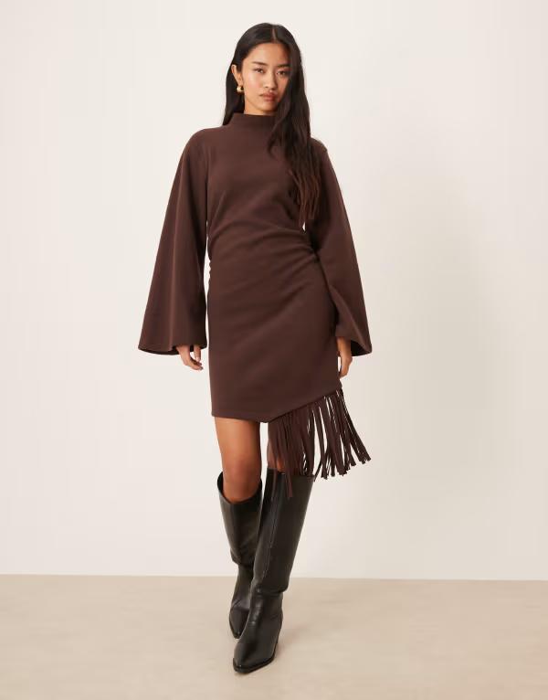 エイソス レディース トップス 衣装 ハイネック ミニ フリンジ ASOS DESIGN supersoft high neck fringe mini dress インチ chocolate 黒茶
