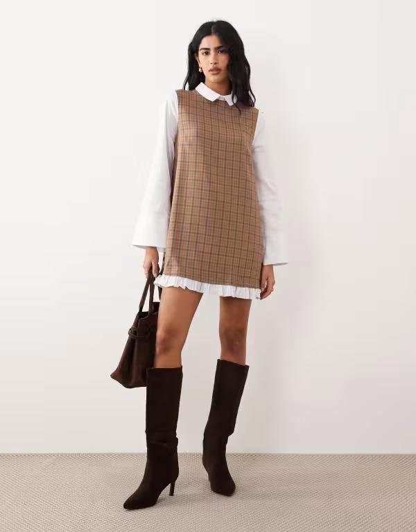 エイソス レディース トップス ワンピース プリント ミニ シャツ コントラスト ASOS DESIGN mini shirt dress in plaid print with contrast frill hem Camel check キャメル｜ReVida 店 16,410円