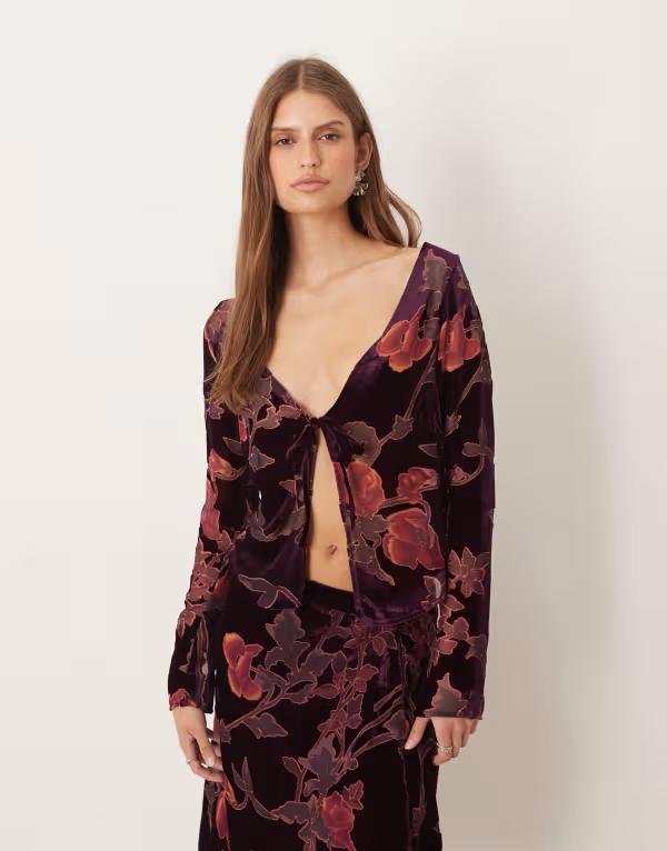モーテル レディース トップス シャツ フラワー柄 フラワー Motel Sukita long sleeve floral top Burgundy バーガンディ