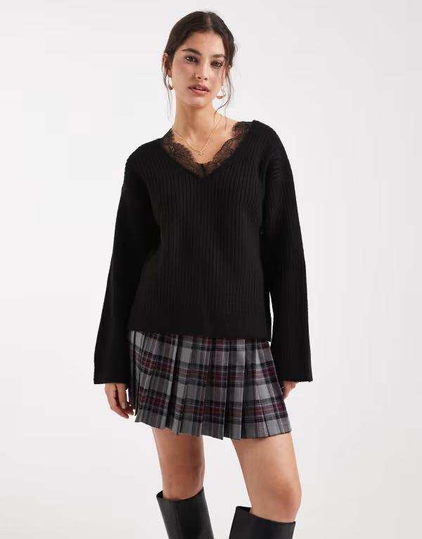 エイソス レディース アウター ニット・セーター Vネック レーストリム レース ASOS DESIGN deep v necknit sweater with lace trim Black ブラック