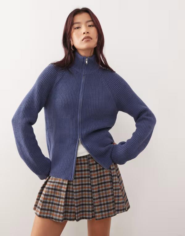 モンキ レディース アウター カーディガン リブニット Monki rib knitwo way zip cardigan Blue ブルー