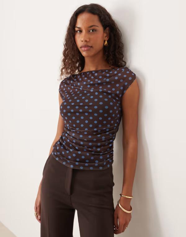 エイソス レディース トップス シャツ ドット柄 ドット メッシュ ASOS DESIGN gathered short sleeve off shoulder mesh topolka dot Brown polka dot ブラウン