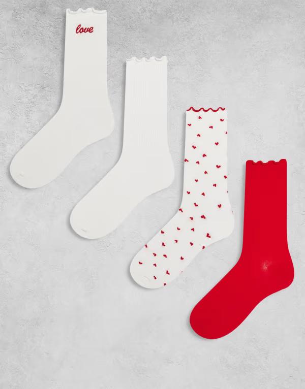 リンデックス レディース アンダーウェア 靴下 プリント Lindex 4-pack lettucedge Valentine print socks in off-white and White/red ホワイト