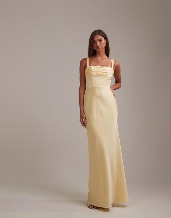 エイソス レディース トップス ワンピース ドレープ サテン スカート マキシ ASOS DESIGN Bridesmaidsatin draped bust maxi dress with column skirt in lemon