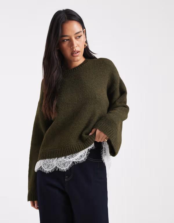 エイソス レディース アウター ニット・セーター レース ASOS DESIGN knit fluffy wide sleeve sweater with lace hem Khaki カーキ