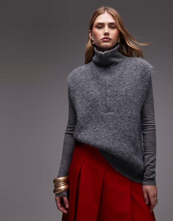 エイソス レディース トップス タンクトップ ウール ニット ASOS DESIGN knit zip up tank top with wool in charcoal チャコール