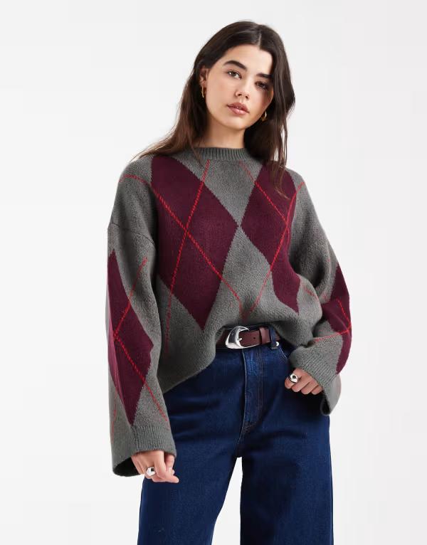 エイソス レディース アウター ニット・セーター ASOS DESIGN fluffy knit argyle sweater Multi マルチカラー