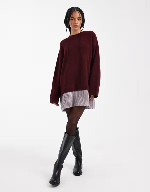 エイソス レディース アウター ニット・セーター ASOS DESIGN knit sweater dress with woven check hem in plum Burgundy バーガンディ