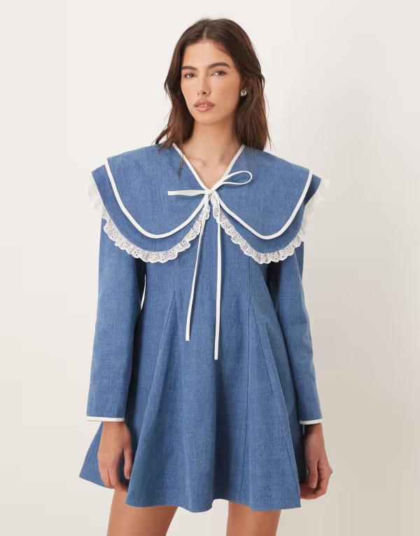 シスタージュン レディース トップス ワンピース ミニ コットン デニム Sister Jane Dappled pure cotton oversized collar mini dress with bow denim Blue ブルー