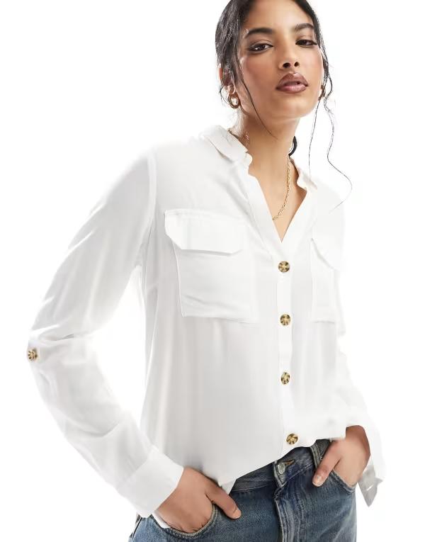 ヴェロモーダ レディース トップス シャツ ボタンダウン Vero Moda button down shirt with pocket detail Snowhite ホワイト