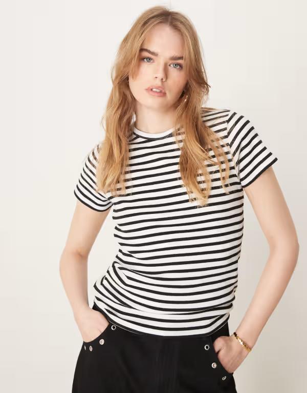 ジェイディーワイ レディース トップス Tシャツ リブ JDY ribbed T-shirt and white stripes WHITE ホワイト