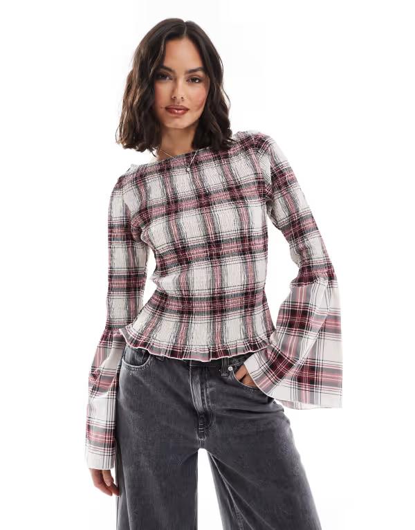 エイソス レディース トップス シャツ ASOS DESIGN poplin shirred angel sleeve top check Red Check レッド