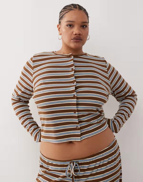 コルージョン レディース トップス シャツ プラスサイズ リブ カーディガン COLLUSION Plus ribbed cardigan Multi stripe マルチカラー