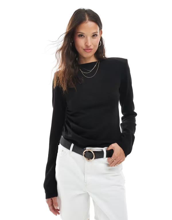 エイソス レディース トップス Tシャツ ニット ASOS DESIGN knit-shirt with shoulder pads Black ブラック