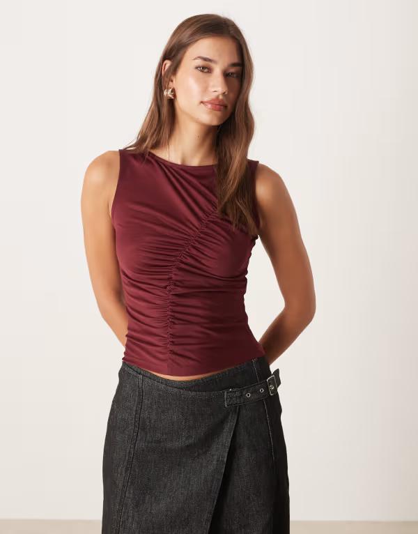 エイソス レディース トップス シャツ ギャザー ジャージー ASOS DESIGN jersey ruchedetailing tank topin Burgundy バーガンディ