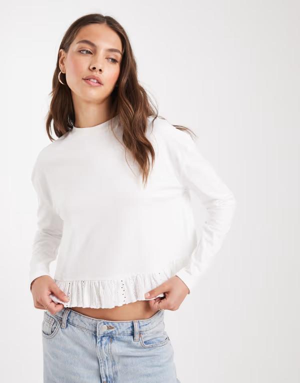 ミスセルフフリッジ レディース トップス シャツ フリル裾 フリル Misselfridge long sleeve ruffle hem tshirt WHITE ホワイト