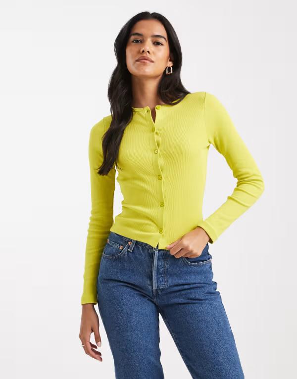ミスセルフフリッジ レディース トップス シャツ カーディガン Misselfridge long sleeve fitted rib cardigan in lime ライム