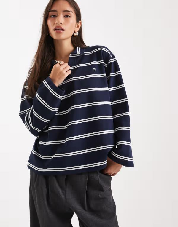 フォース&レックレス レディース トップス シャツ コットン 刺繍 ロゴ 4th & Reckless cotton rich collared long sleevembroidered logo rugby top stripe NAVY ネイビー 15,466円
