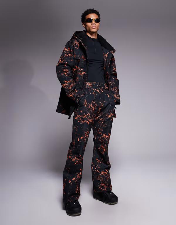 スリードベア メンズ ボトムス カジュアルパンツ プリント Threadbare ski pants and orange print Black ブラック