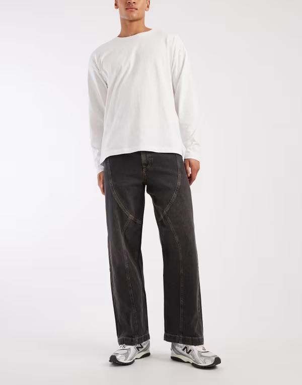 ジャック アンド ジョーンズ メンズ ボトムス デニムパンツ ワイドレッグ ジーンズ Jack & Jones Intelligence Dave wide leg jeans with seam detail in wash Black Denim ブラック｜ReVida 店